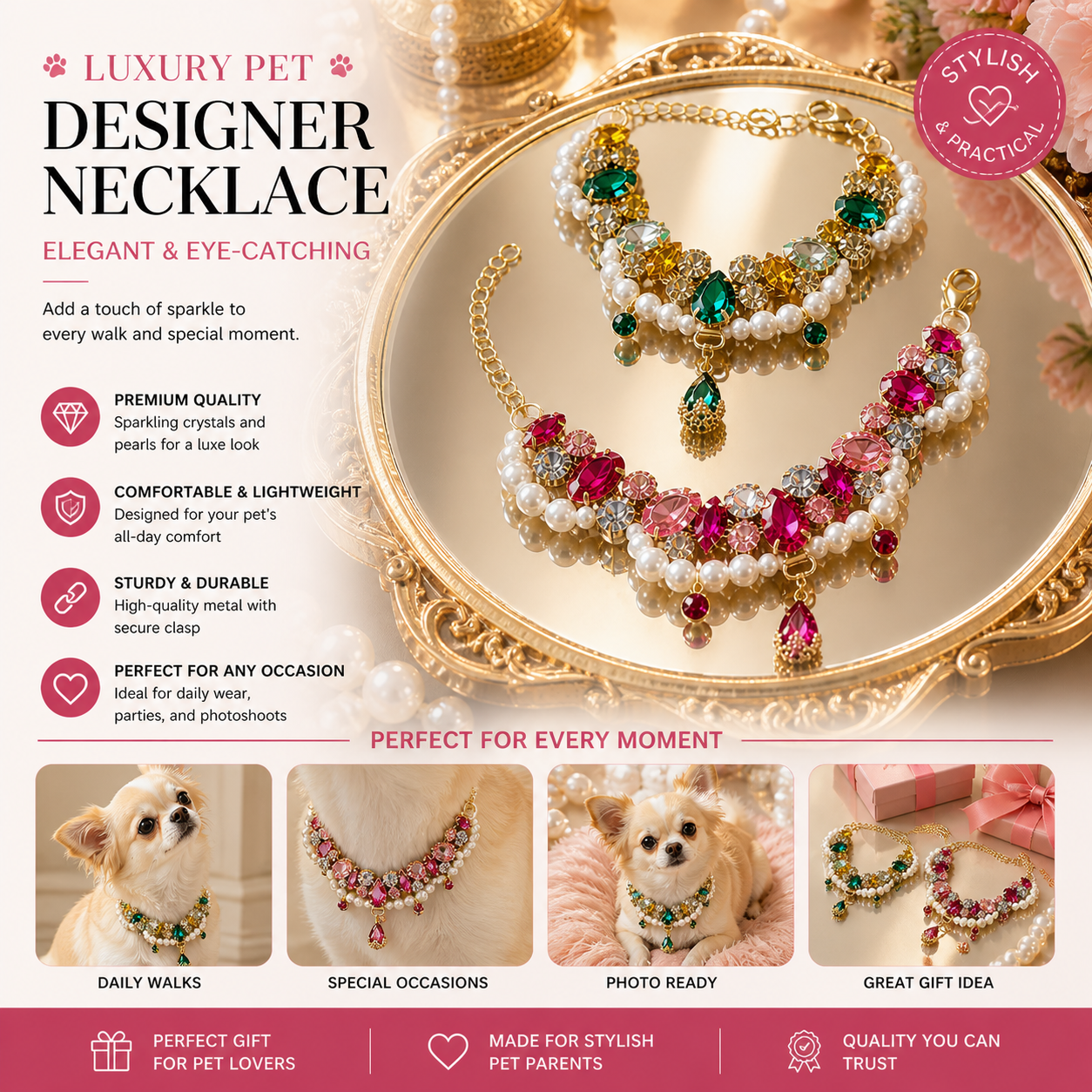 Luxury Pet Necklace Crystal Pearl Designer Pet Jewelry Collar