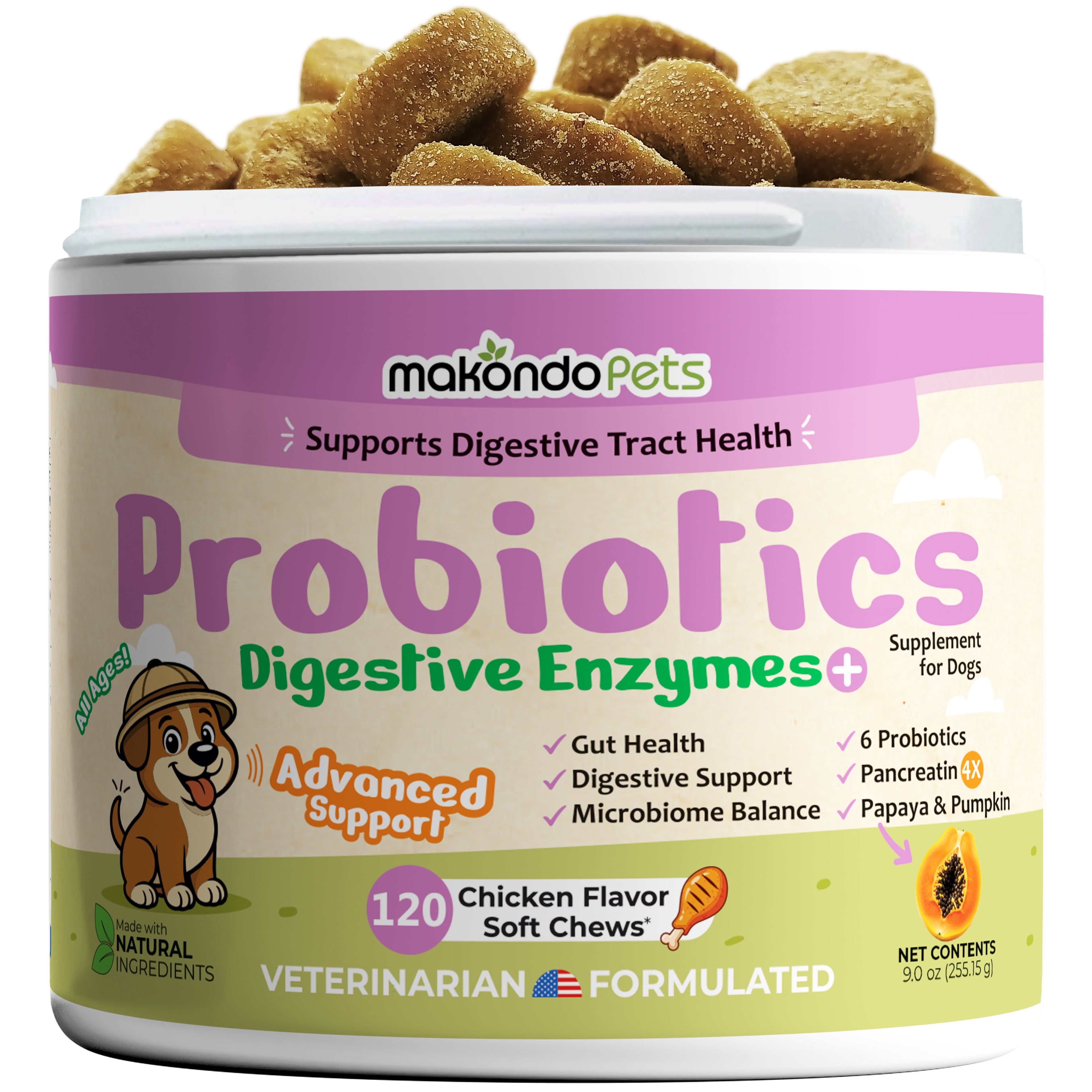 Makondo Pets Dog Probiotics Digestive Enzymes - 120 Soft Chews