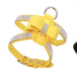Suede Dog Harness & Leash Set – Rhinestone Bow, Soft & Elegant